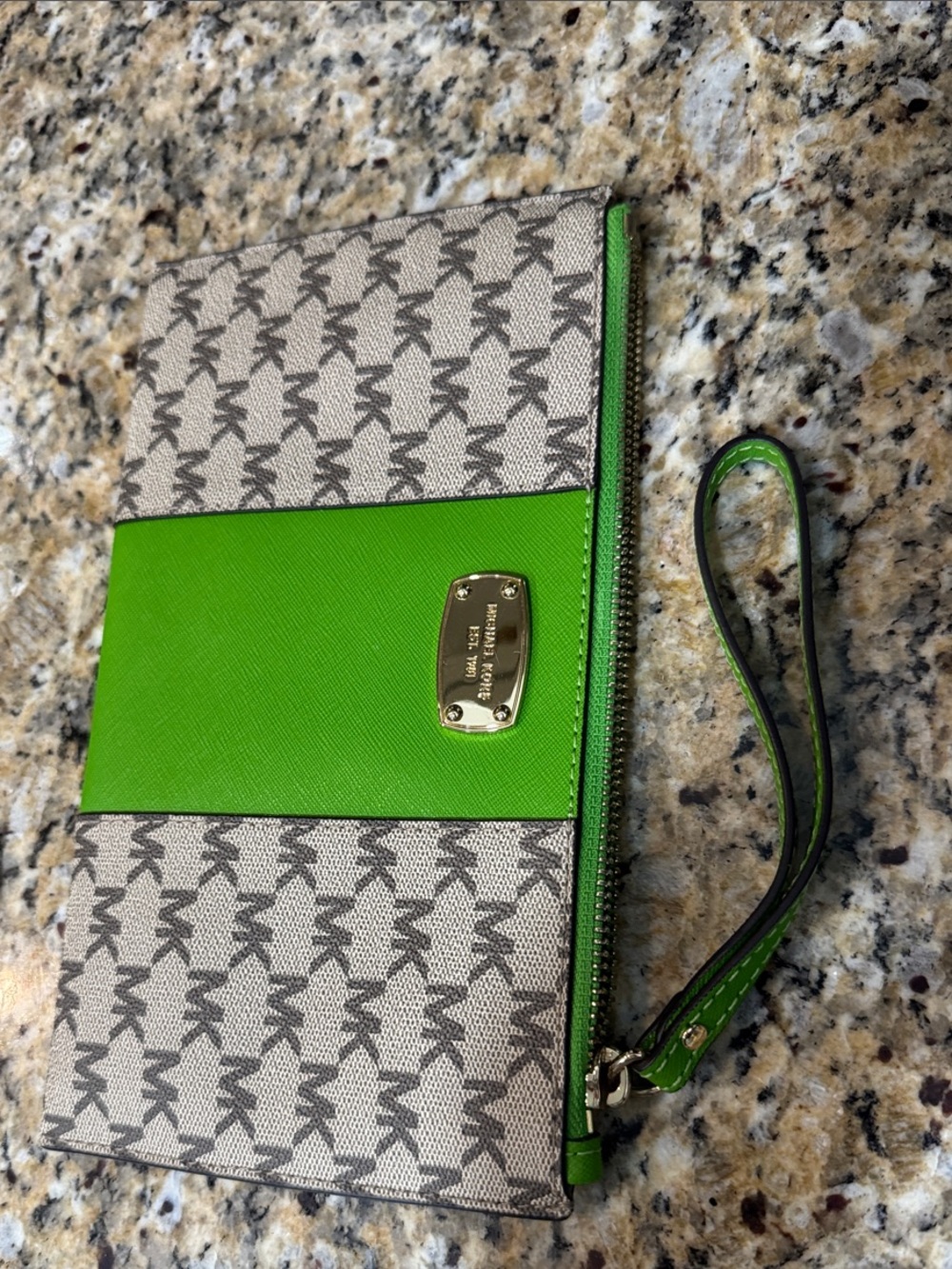Michael Kors Green and Gray Signature MK Wristlet Clutch